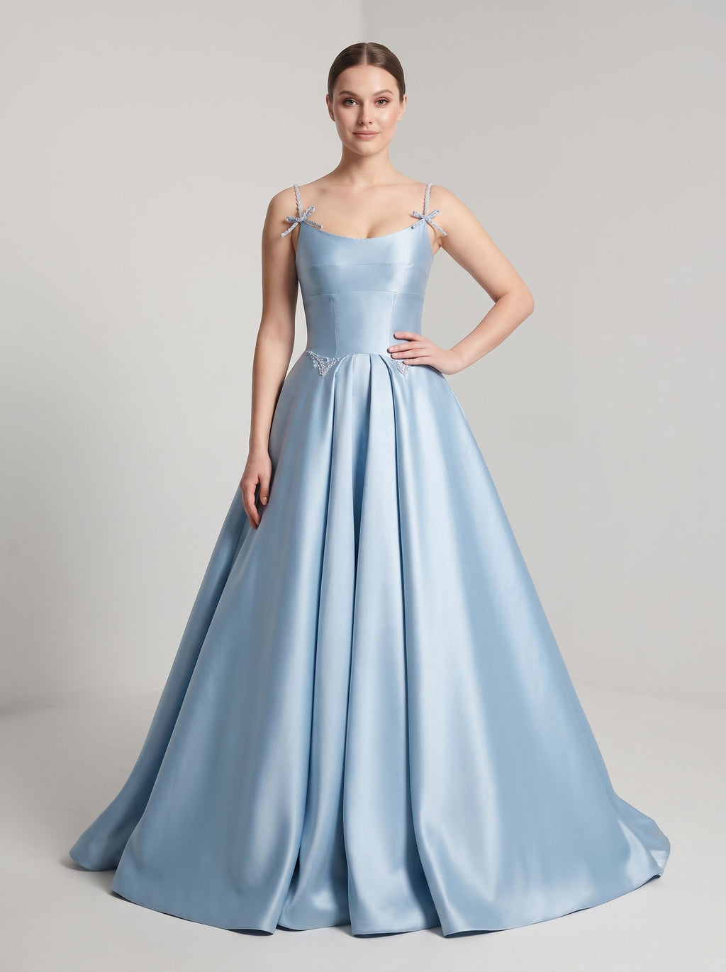 Sky Blue Satin A-Line Scoop Neck Lace-up Floor-Length Dress with Pleated Bodice - Curvevia