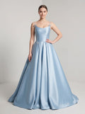 Sky Blue Satin A-Line Scoop Neck Lace-up Floor-Length Dress with Pleated Bodice - Curvevia