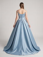 Sky Blue Satin A-Line Scoop Neck Lace-up Floor-Length Dress with Pleated Bodice - Curvevia