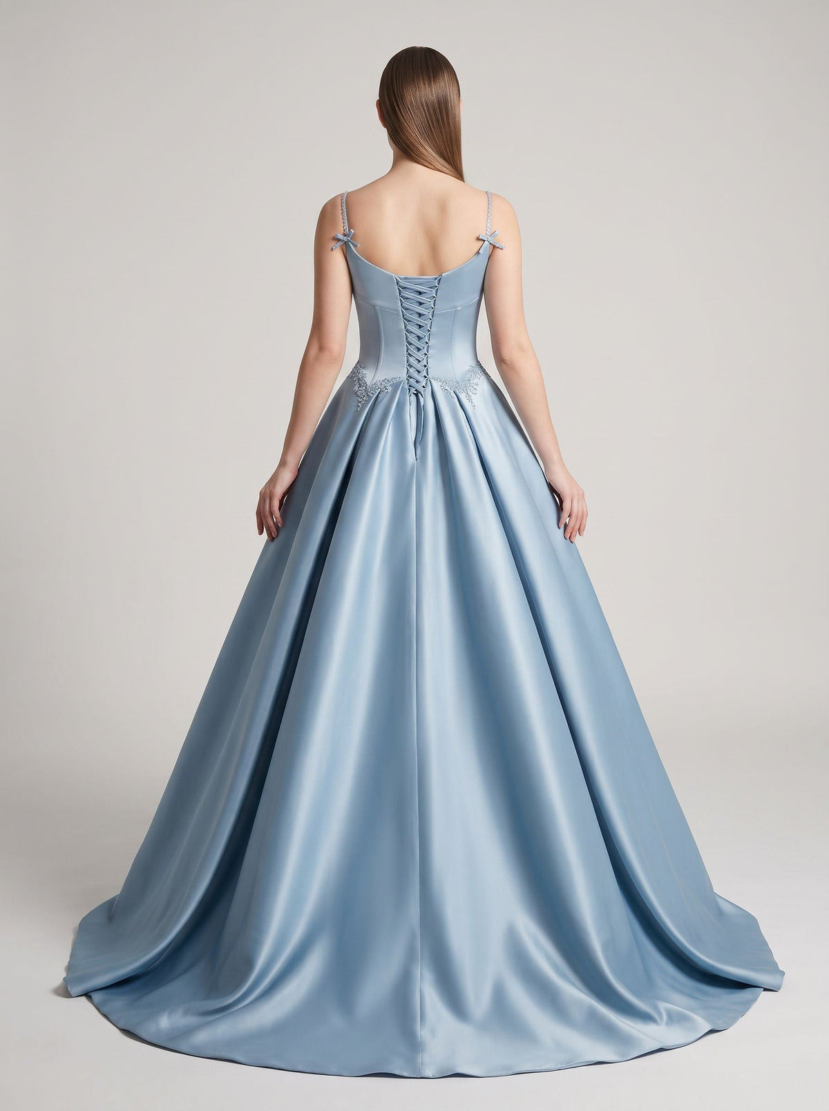 Sky Blue Satin A-Line Scoop Neck Lace-up Floor-Length Dress with Pleated Bodice - Curvevia