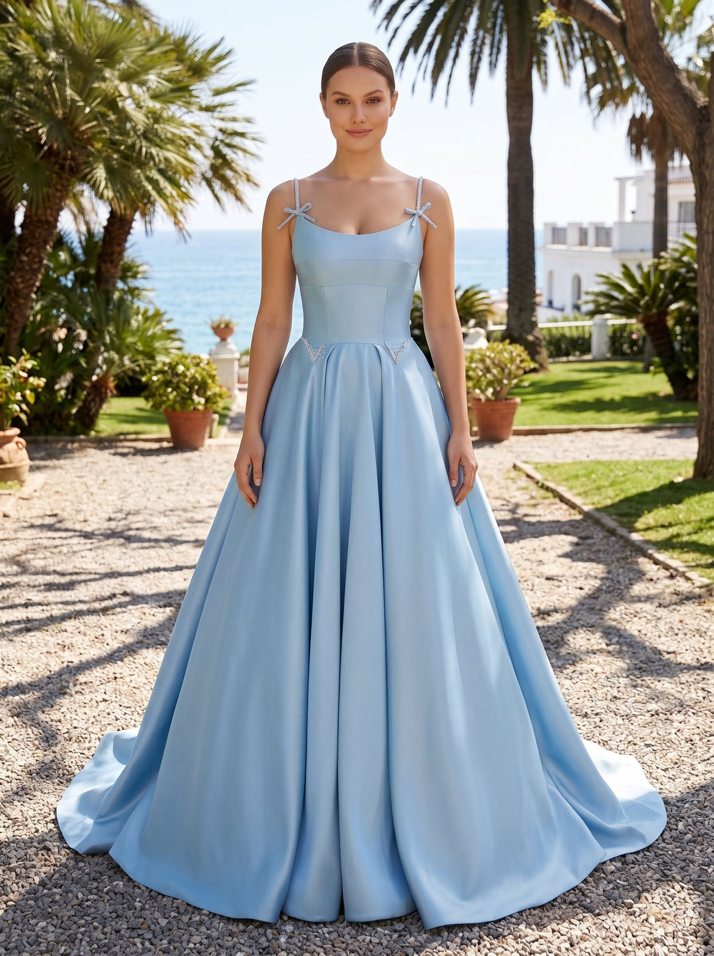 Sky Blue Satin A-Line Scoop Neck Lace-up Floor-Length Dress with Pleated Bodice - Curvevia