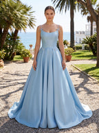 Sky Blue Satin A-Line Scoop Neck Lace-up Floor-Length Dress with Pleated Bodice - Curvevia