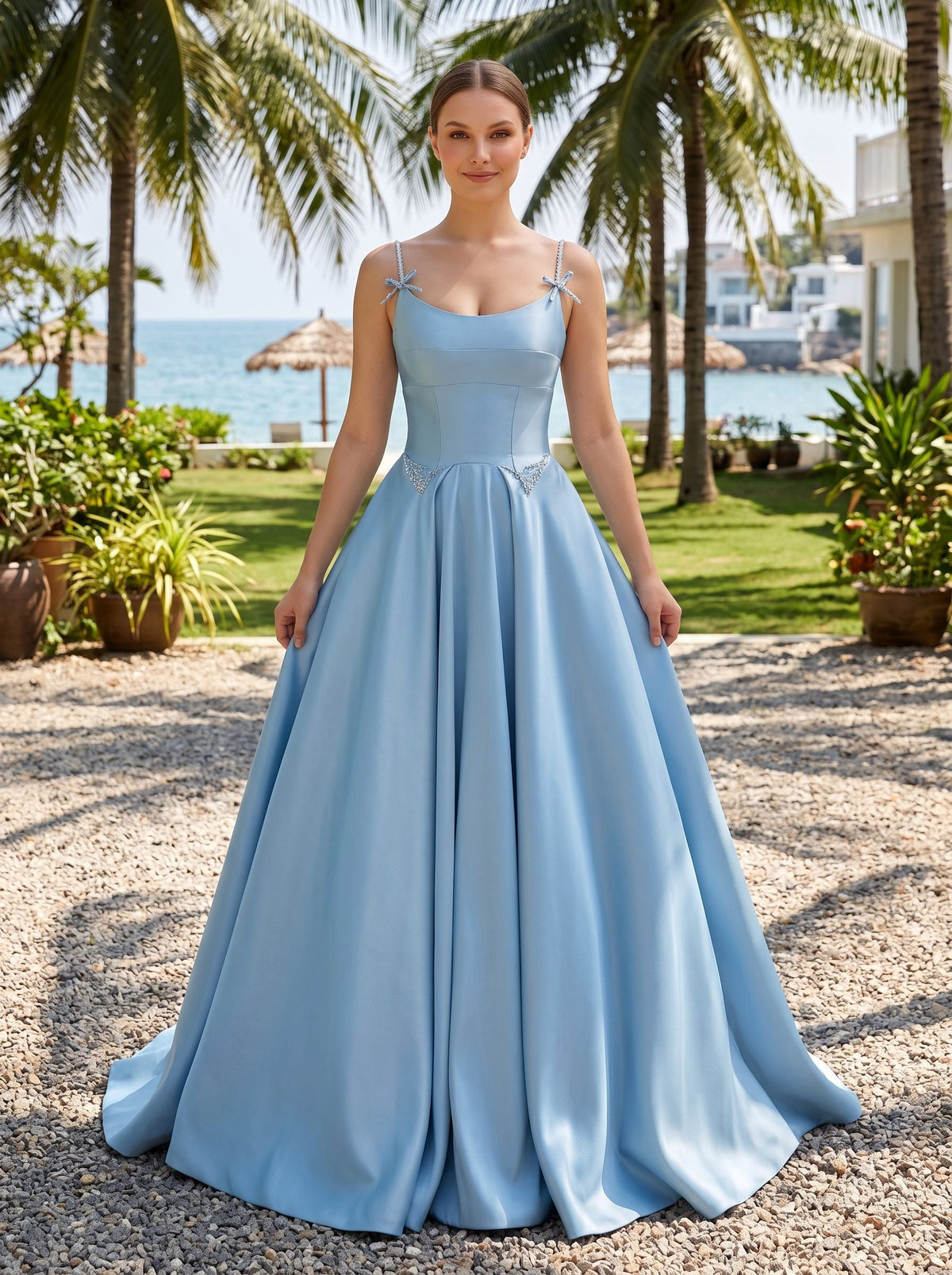 Sky Blue Satin A-Line Scoop Neck Lace-up Floor-Length Dress with Pleated Bodice - Curvevia