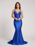 Royal Blue Satin Mermaid V-Neck Criss-Cross Straps Floor-Length Dress with Structured Bodice - Curvevia