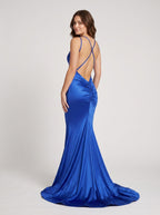 Royal Blue Satin Mermaid V-Neck Criss-Cross Straps Floor-Length Dress with Structured Bodice - Curvevia