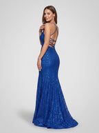 Royal Blue Sequins column V-Neck Criss-Cross Straps Floor-Length Dress with Open Back - Curvevia