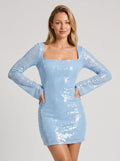 Sky Blue Sequins Sheath Square Neck Backless Short Dress with Long Sleeves - Curvevia