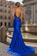 Sage Green Spaghetti Strap Backless Trumpet Long Gown - Curvevia