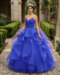Royal Blue V Neck Tulle Quinceanera Dresses With Ruffles - Curvevia