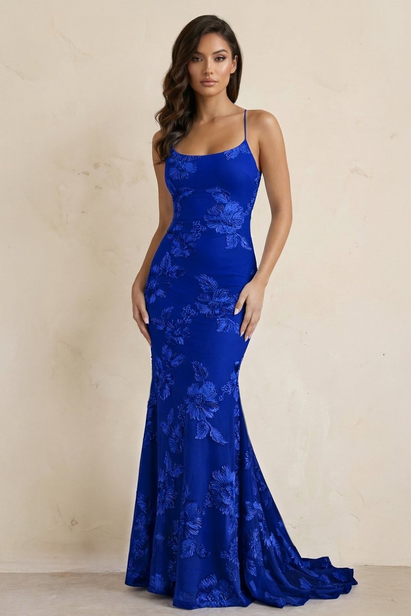 Sky Blue Spaghetti Straps Mermaid Tulle Long Prom Dresses With Appliques - Curvevia