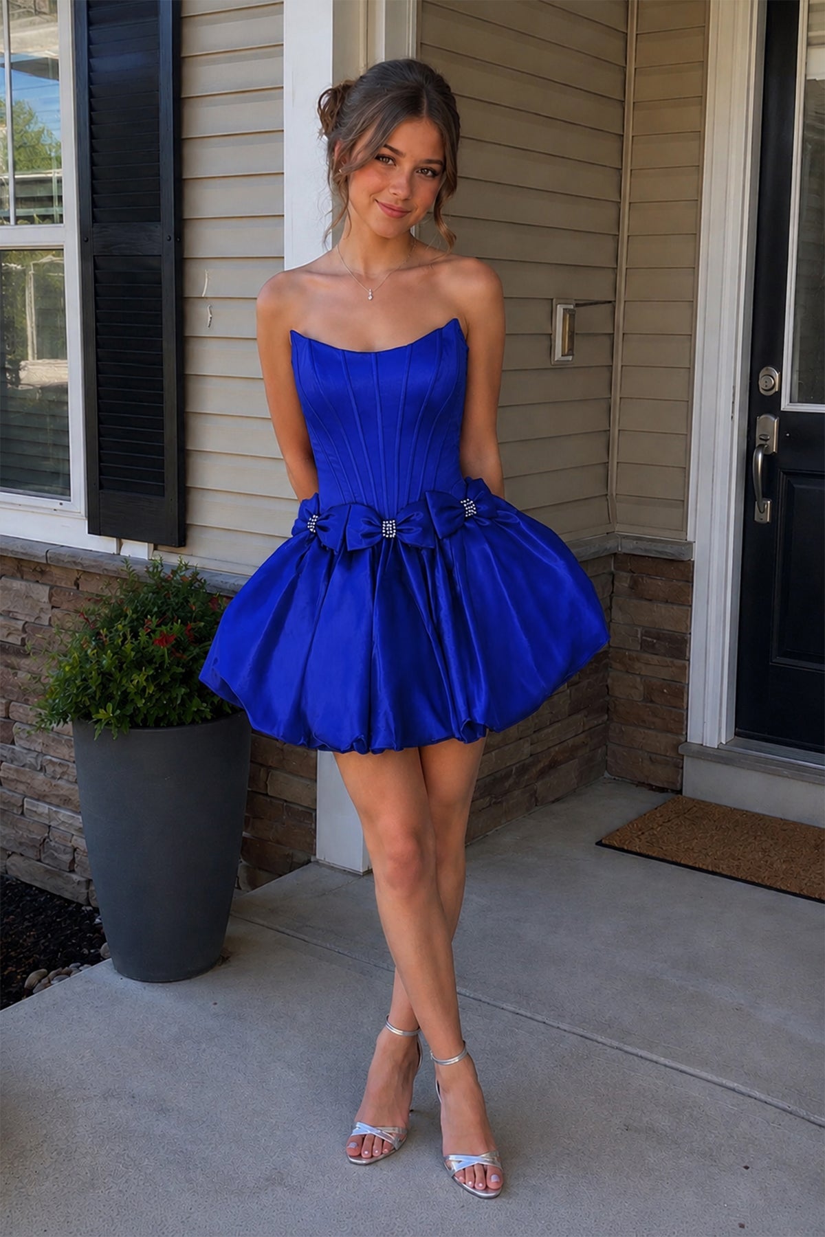 Red - Strapless A Line Satin Short Wedding Guest Dress With Bow - Curvevia