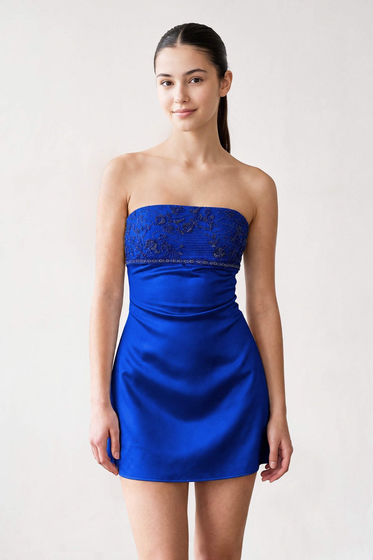 Aqua Strapless Appliqued Satin Sheath Homecoming Dress - Curvevia