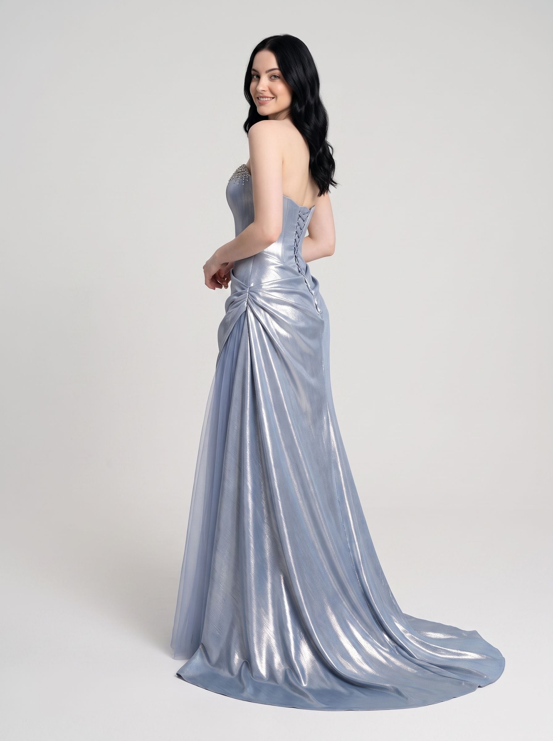 Blue Satin column Sweetheart Corset Back Floor-Length Dress with Corset Bodice - Curvevia