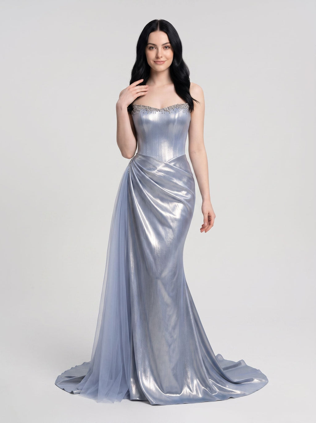 Blue Satin column Sweetheart Corset Back Floor-Length Dress with Corset Bodice - Curvevia