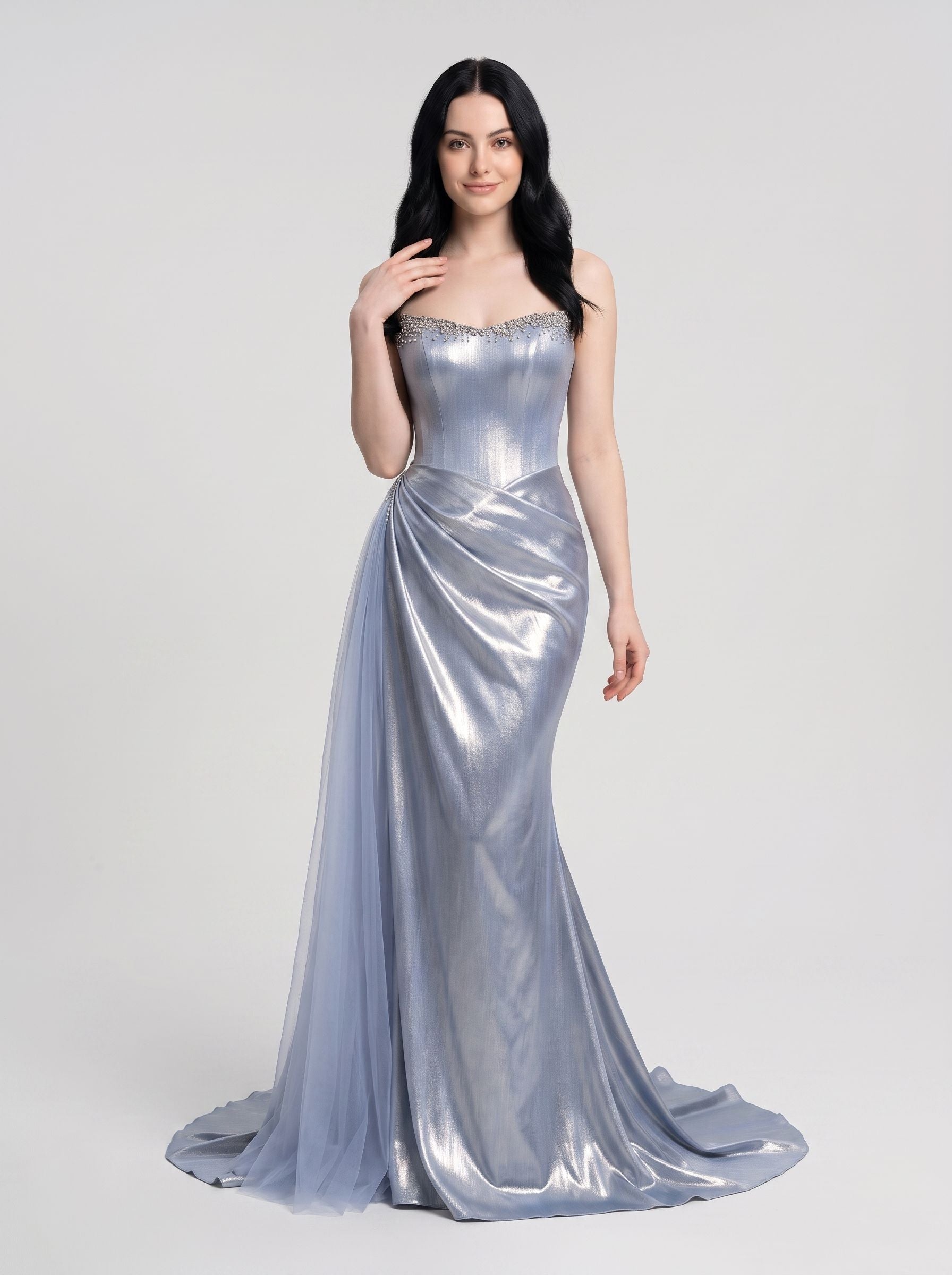 Blue Satin column Sweetheart Corset Back Floor-Length Dress with Corset Bodice - Curvevia