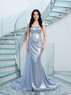 Blue Satin column Sweetheart Corset Back Floor-Length Dress with Corset Bodice - Curvevia