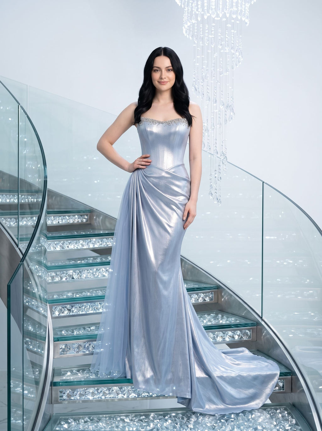 Blue Satin column Sweetheart Corset Back Floor-Length Dress with Corset Bodice - Curvevia