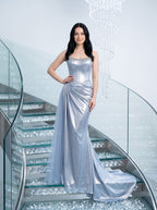 Blue Satin column Sweetheart Corset Back Floor-Length Dress with Corset Bodice - Curvevia