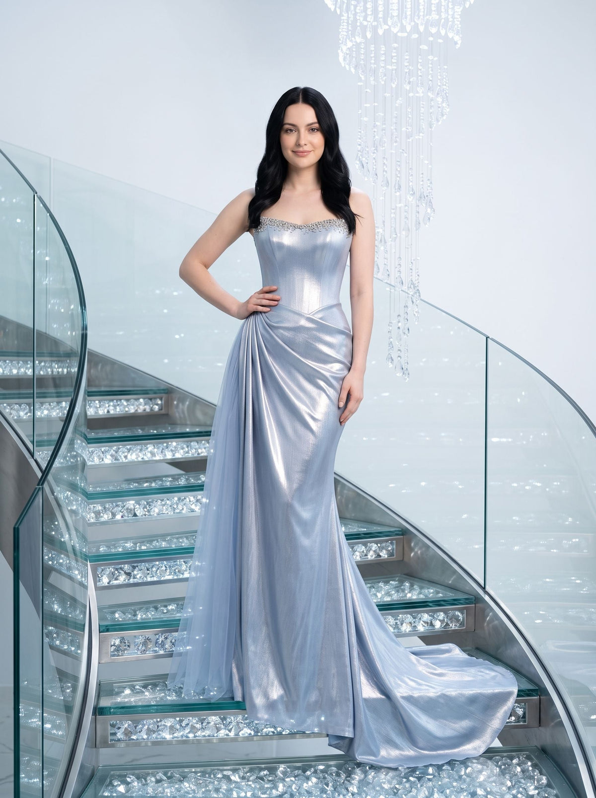 Blue Satin column Sweetheart Corset Back Floor-Length Dress with Corset Bodice - Curvevia