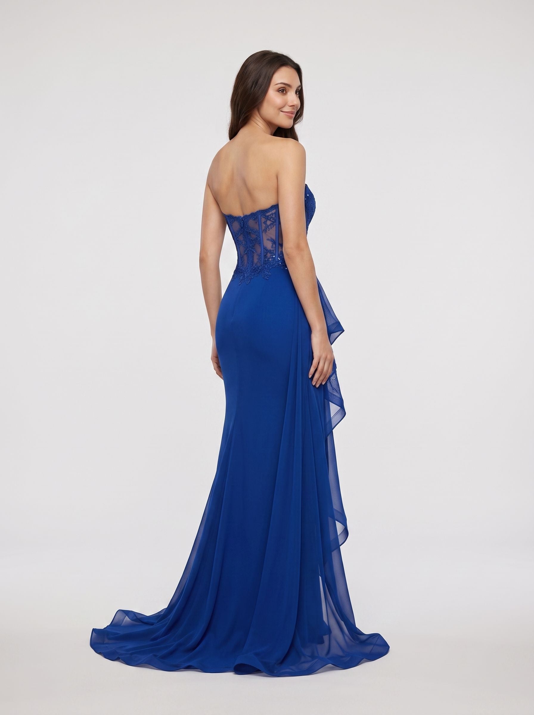 Royal Blue Tulle Sheath Sweetheart Back Zip Floor-Length Dress with Lace Bodice - Curvevia