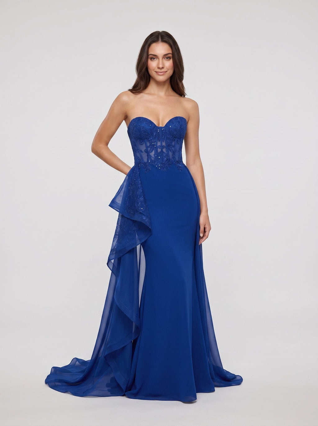 Royal Blue Tulle Sheath Sweetheart Back Zip Floor-Length Dress with Lace Bodice - Curvevia