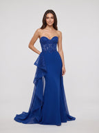 Royal Blue Tulle Sheath Sweetheart Back Zip Floor-Length Dress with Lace Bodice - Curvevia