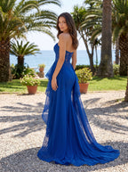 Royal Blue Tulle Sheath Sweetheart Back Zip Floor-Length Dress with Lace Bodice - Curvevia