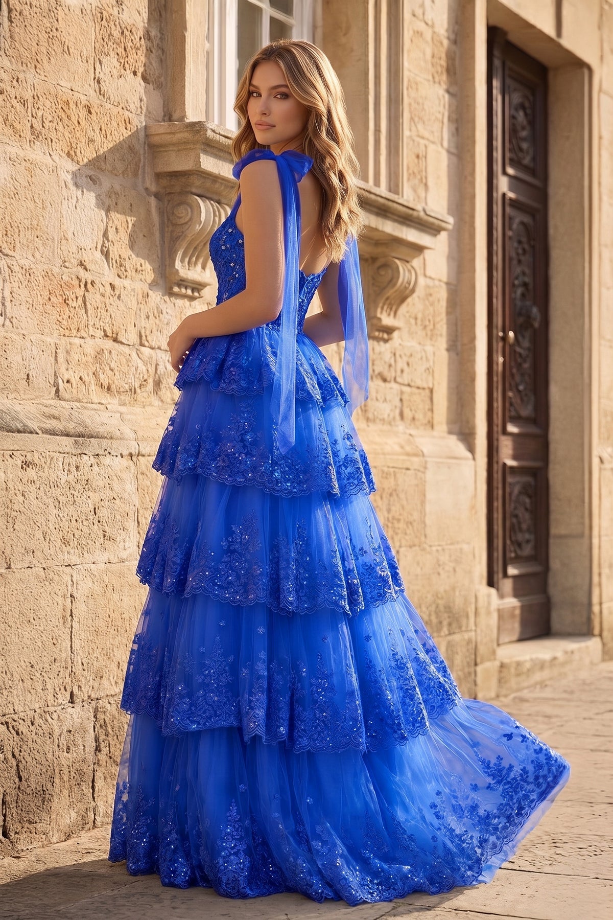 Light Blue Tulle Appliques Tying Strap Ruffle Tiered Long Wedding Guest Dress - Curvevia