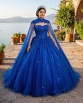 Royal Blue Tulle Ball Gown Prom Dress With Cape - Curvevia