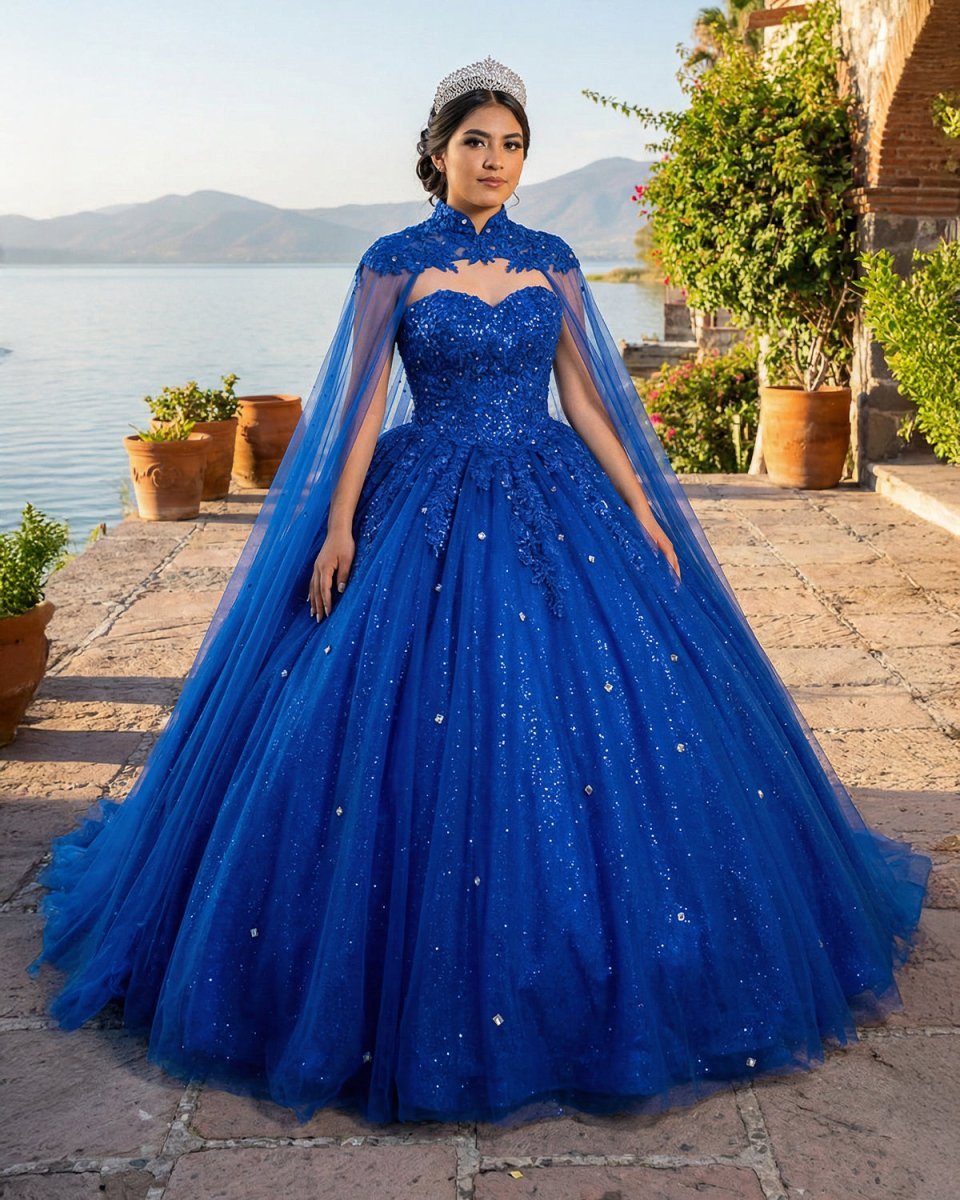 Royal Blue Tulle Ball Gown Prom Dress With Cape - Curvevia