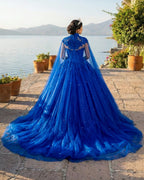 Royal Blue Tulle Ball Gown Prom Dress With Cape - Curvevia