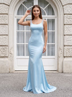 Sky Blue Satin Mermaid Square Neck Backless Floor-Length Dress with Intricate Beadwork - Curvevia