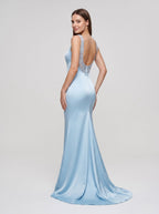 Sky Blue Satin Mermaid Square Neck Backless Floor-Length Dress with Intricate Beadwork - Curvevia