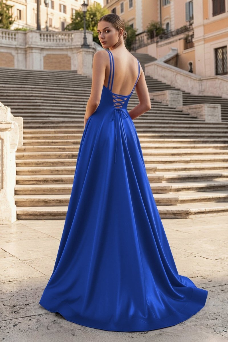 Burgundy Spaghetti Straps A Line Satin Long Prom Dresses With Slit - Curvevia