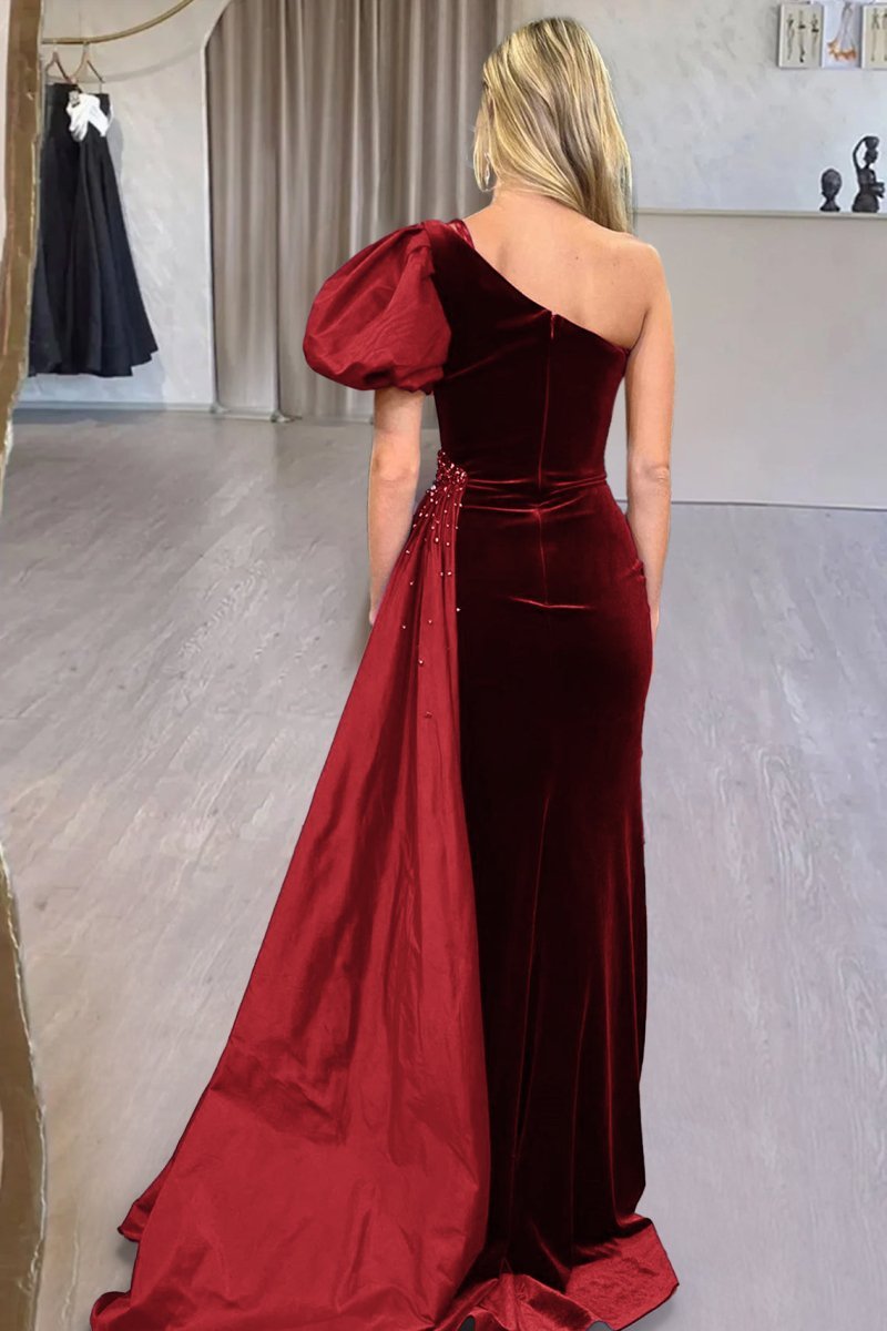 Royal Blue Velvet One-Shoulder Long Evening Dress with Attached Train - Curvevia