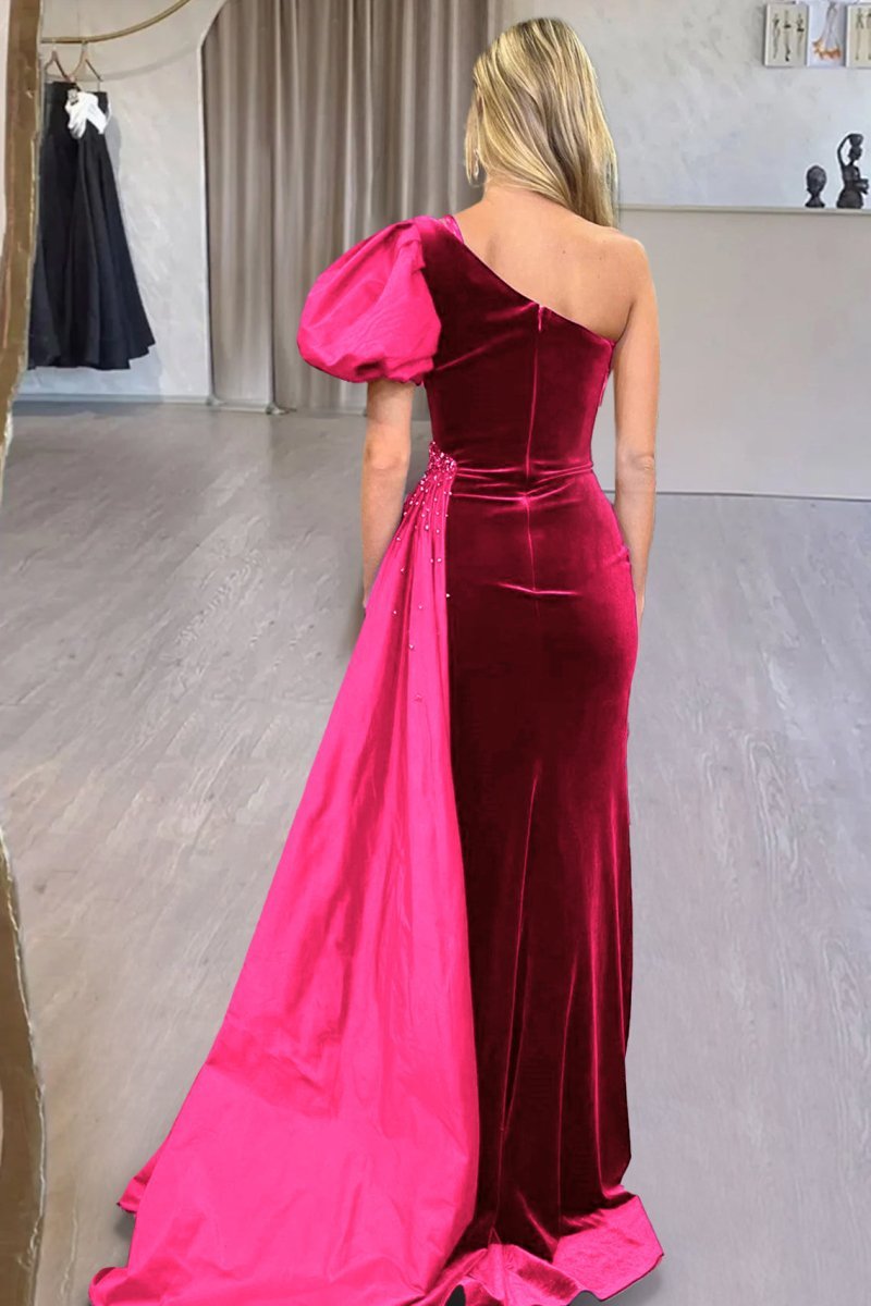 Royal Blue Velvet One-Shoulder Long Evening Dress with Attached Train - Curvevia