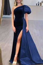 Royal Blue Velvet One-Shoulder Long Evening Dress with Attached Train - Curvevia