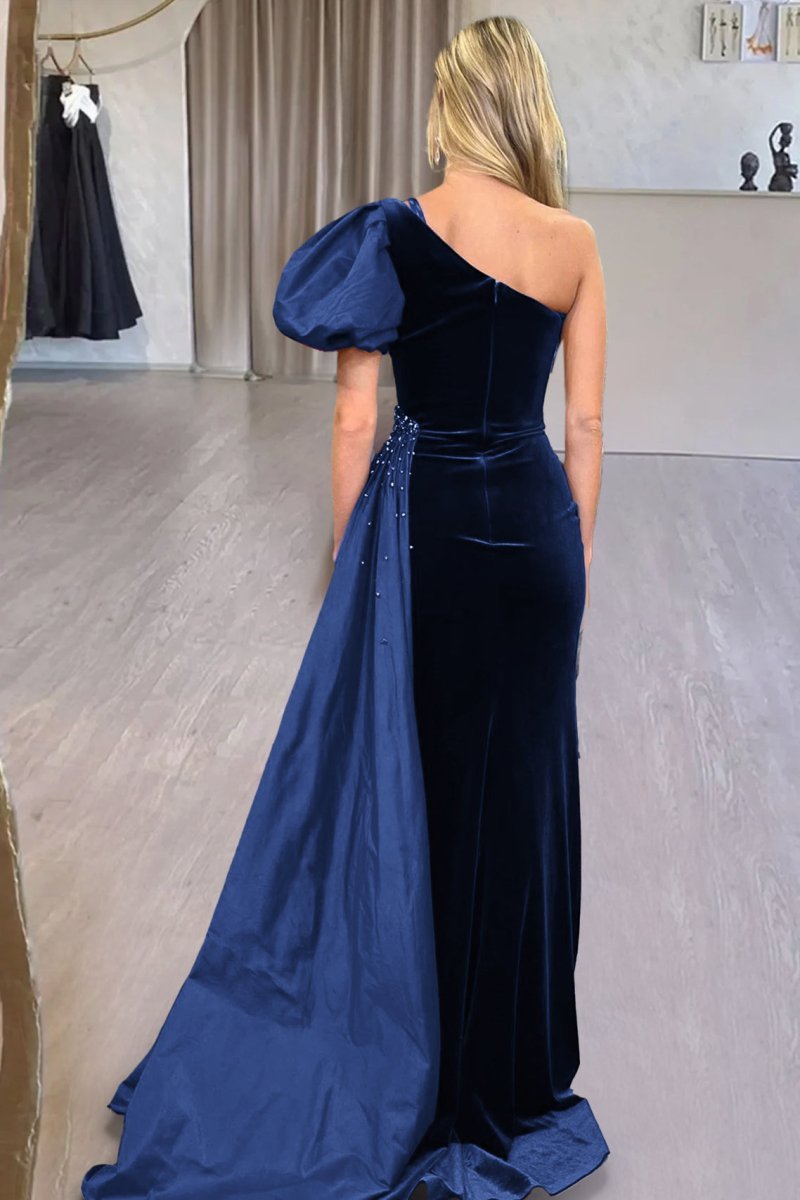 Royal Blue Velvet One-Shoulder Long Evening Dress with Attached Train - Curvevia