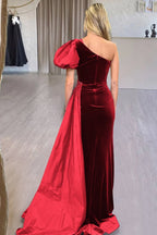 Royal Blue Velvet One-Shoulder Long Evening Dress with Attached Train - Curvevia