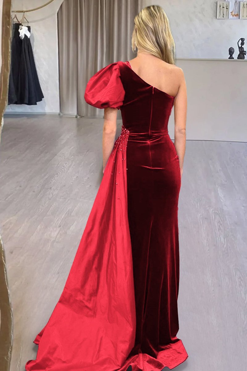 Royal Blue Velvet One-Shoulder Long Evening Dress with Attached Train - Curvevia