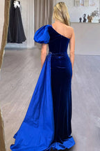 Royal Blue Velvet One-Shoulder Long Evening Dress with Attached Train - Curvevia