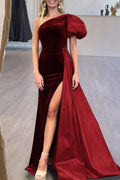 Royal Blue Velvet One-Shoulder Long Evening Dress with Attached Train - Curvevia