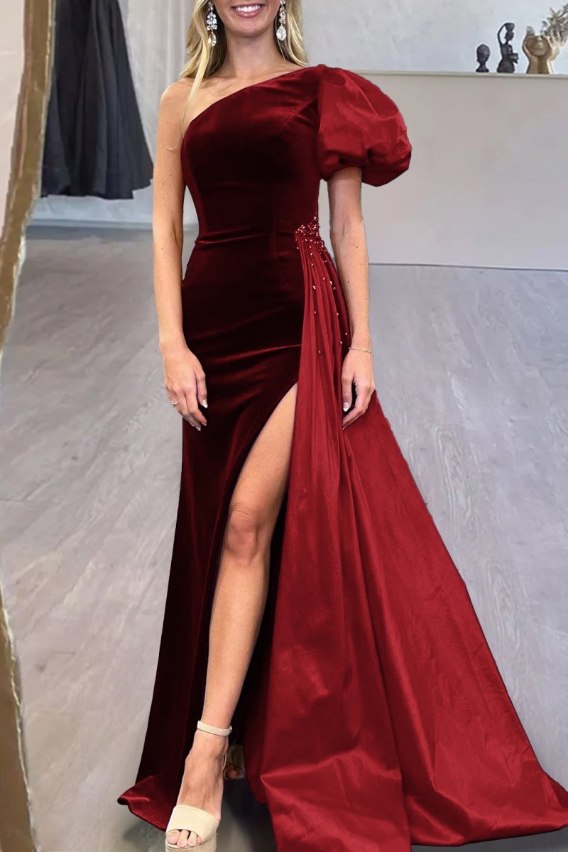 Royal Blue Velvet One-Shoulder Long Evening Dress with Attached Train - Curvevia