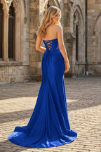 Yellow Sweetheart Mermaid Satin Beaded Long Evening Dress With Slit - Curvevia