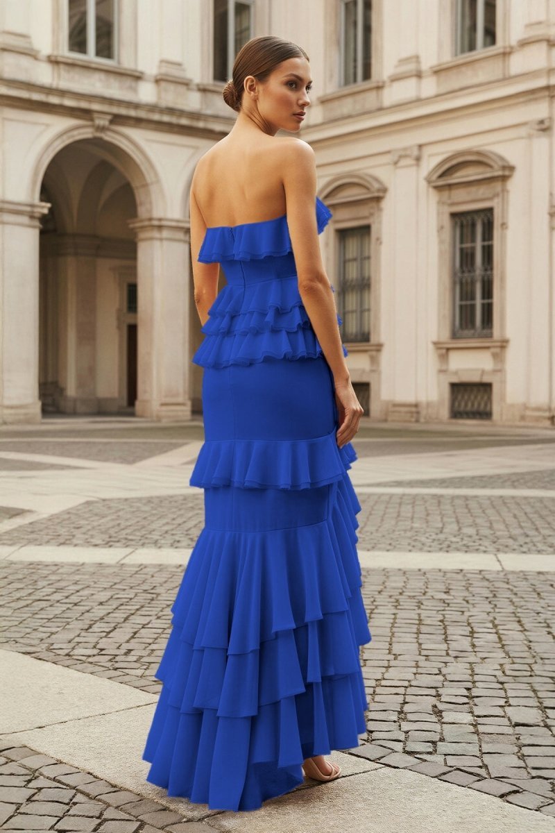Pink Strapless Sheath Chiffon Ruffled Long Wedding Guest Dress - Curvevia