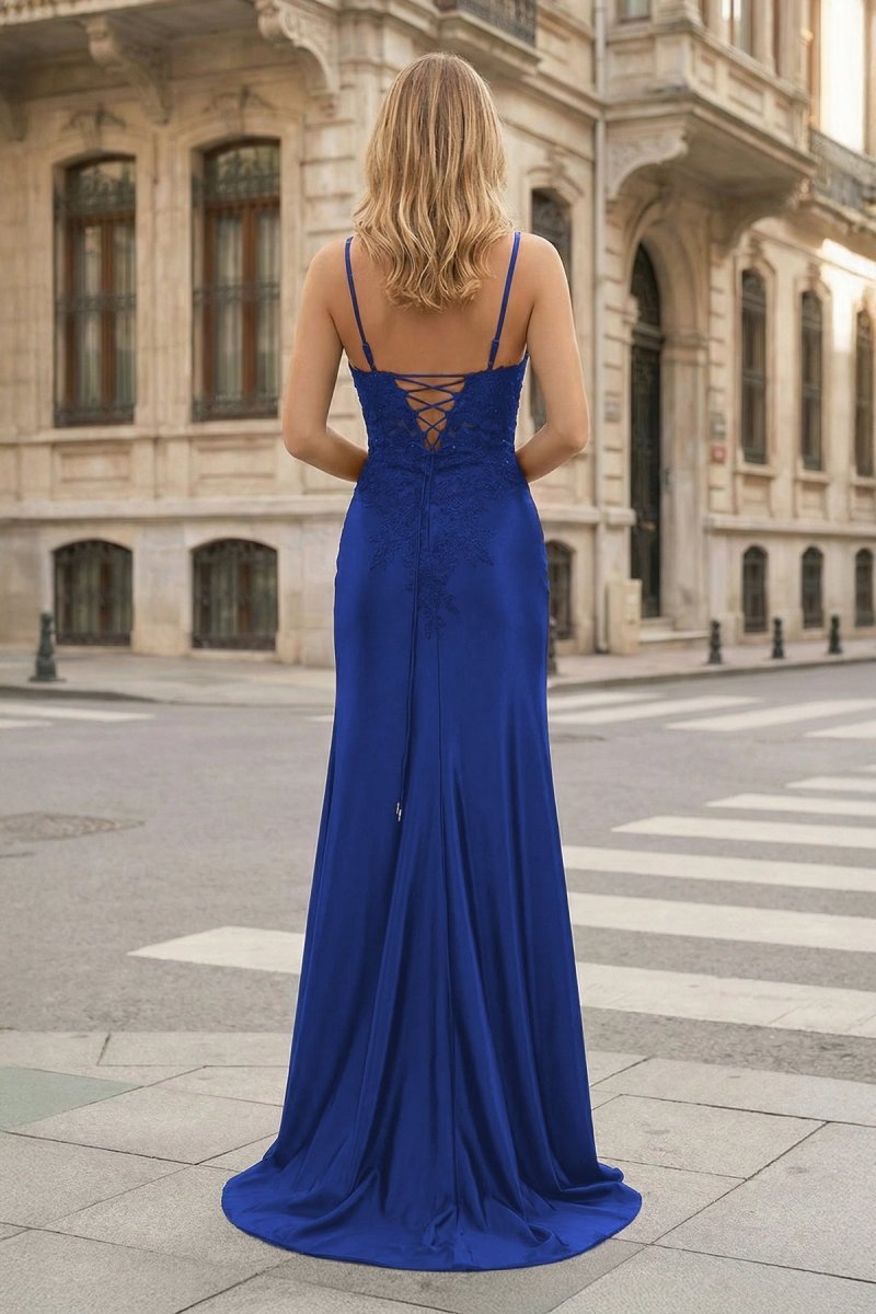 Sheath Spaghetti Straps Black Satin Long Prom Dresses with Lace Appliques - Curvevia