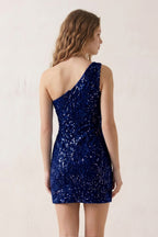 Blue Bodycon One Shoulder Sequins Mini Party Dresses - Curvevia