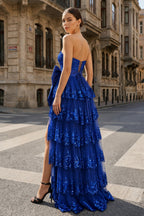 Sweetheart Light Blue Lace Appliques Ruffle Long Formal Gown - Curvevia