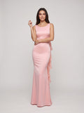 Blushing Pink Satin Mermaid Scoop Neck Back Zip Floor-Length Dress with fishtail hemline and clean seams - Curvevia