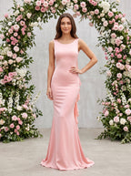 Blushing Pink Satin Mermaid Scoop Neck Back Zip Floor-Length Dress with fishtail hemline and clean seams - Curvevia